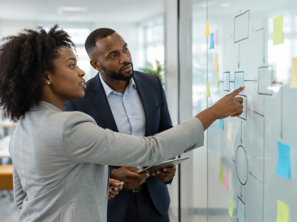 Two consultants mapping a workflow with boxes and arrows on a whiteboard