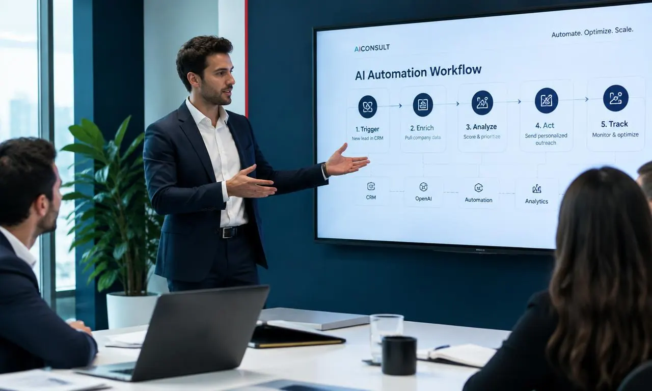 A founder presenting an AI automation workflow to a client team
