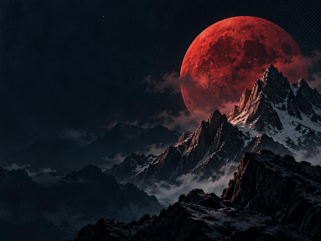 Red moon rising above a dark mountain landscape