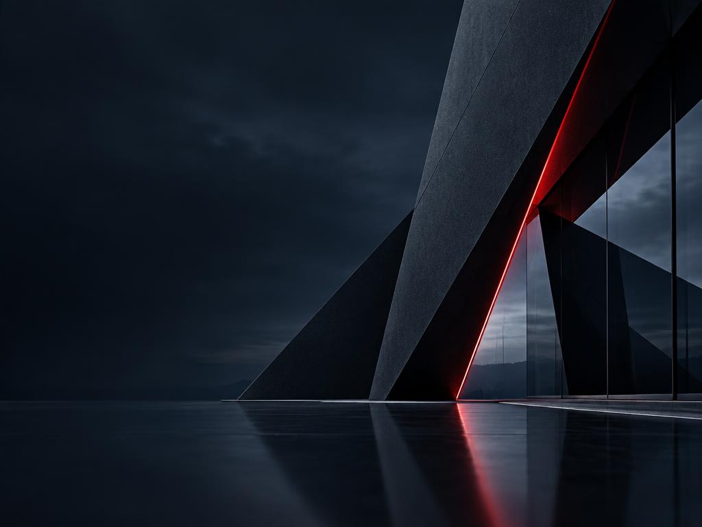 Dark architectural forms with a red illuminated edge