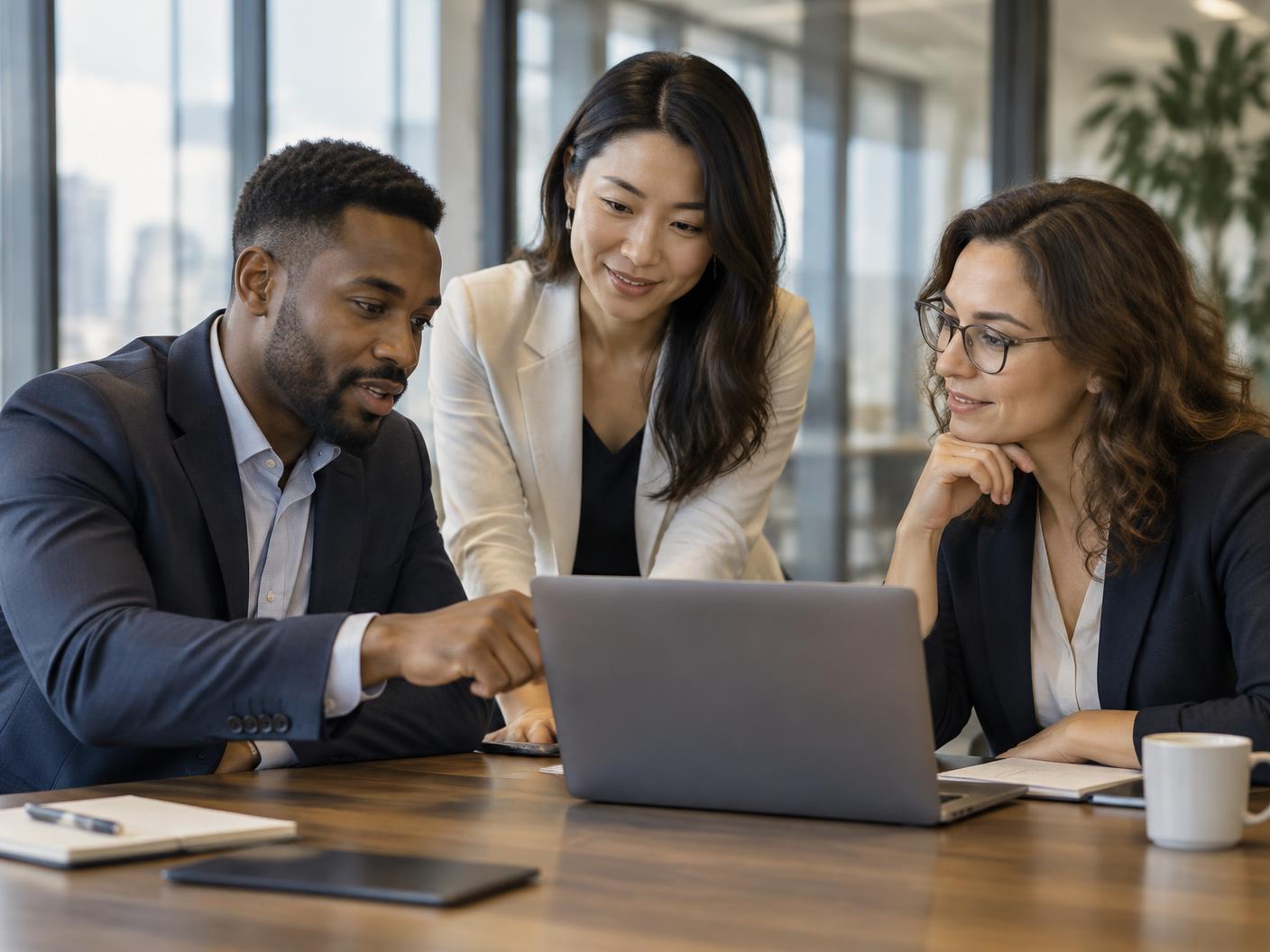 MarkKings Group consultant reviewing a marketing plan with two law-firm partners in a modern office