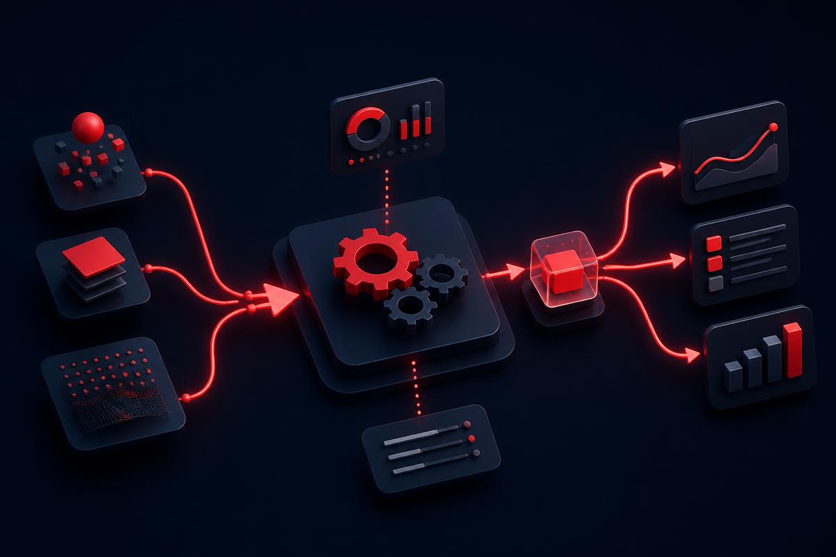 Illustration of an automated business workflow moving data between systems