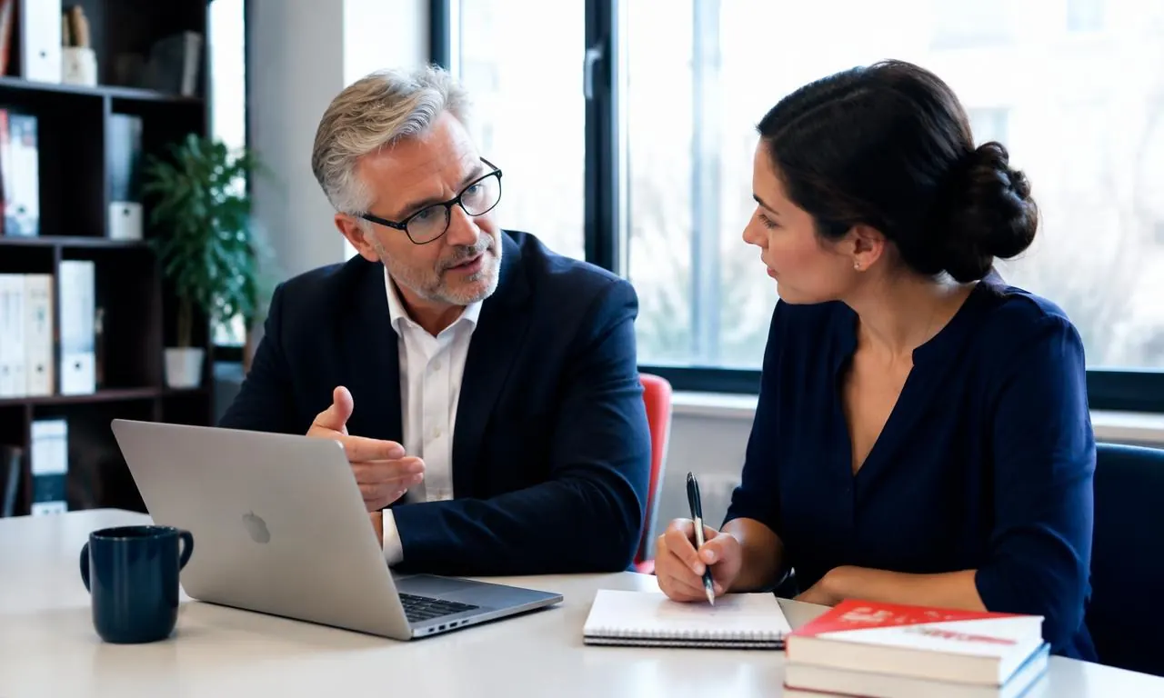 A mentor guiding an entrepreneur through a business plan at a desk