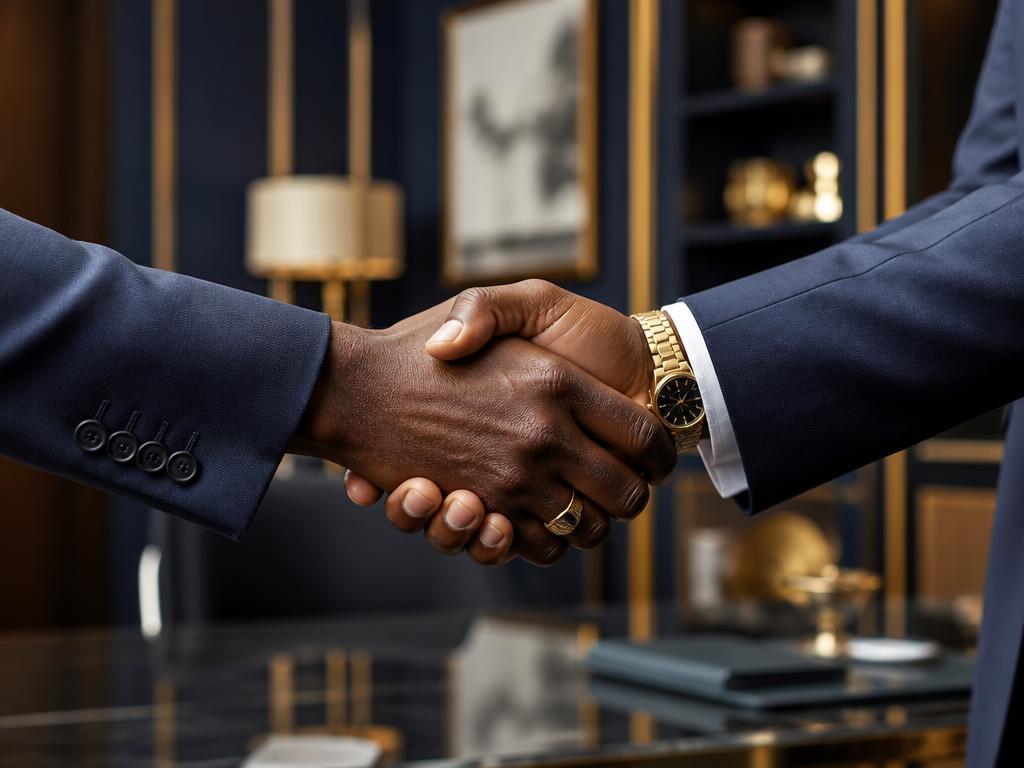 Business professionals greeting in a corporate office