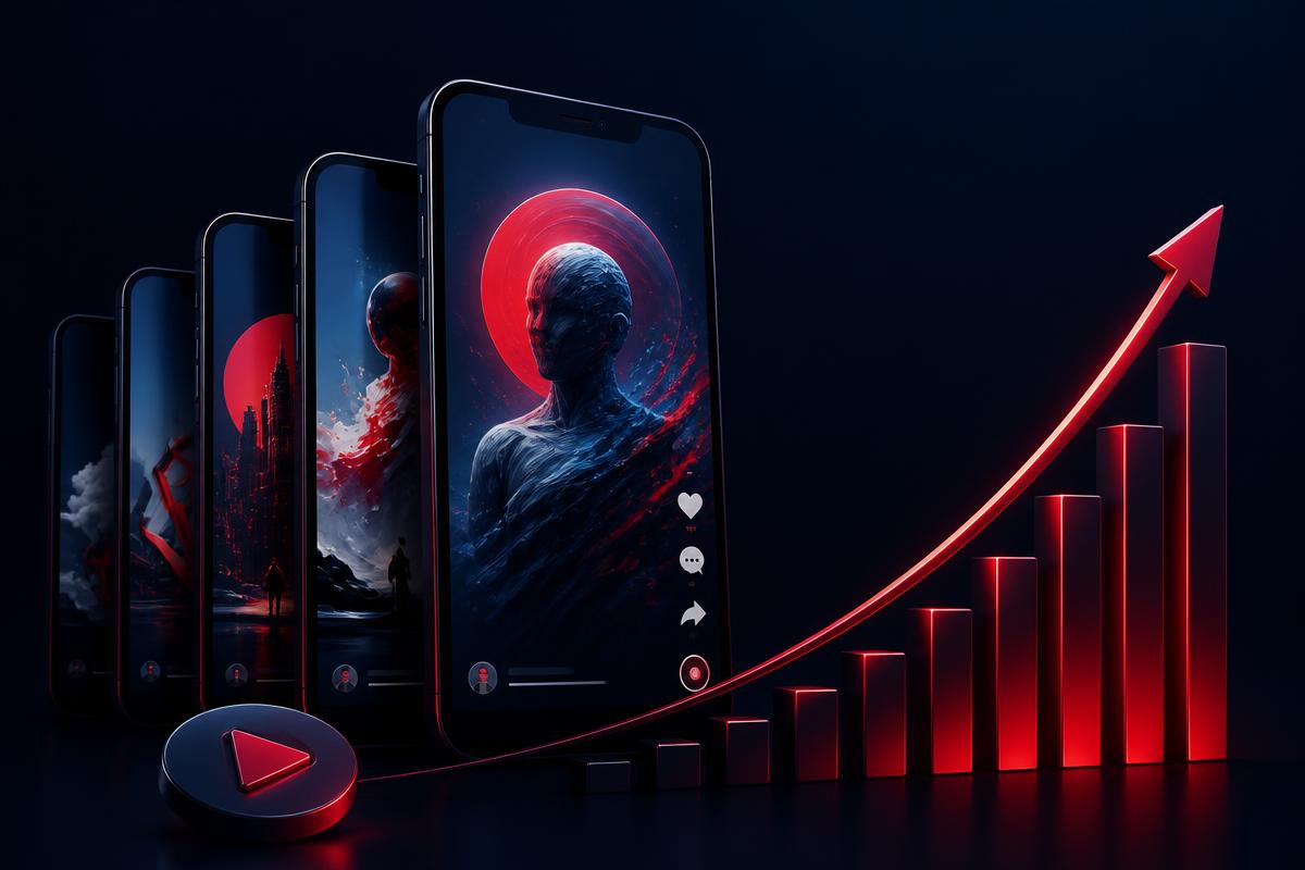 Stacked vertical phone screens showing AI-generated short-form video with a rising growth chart