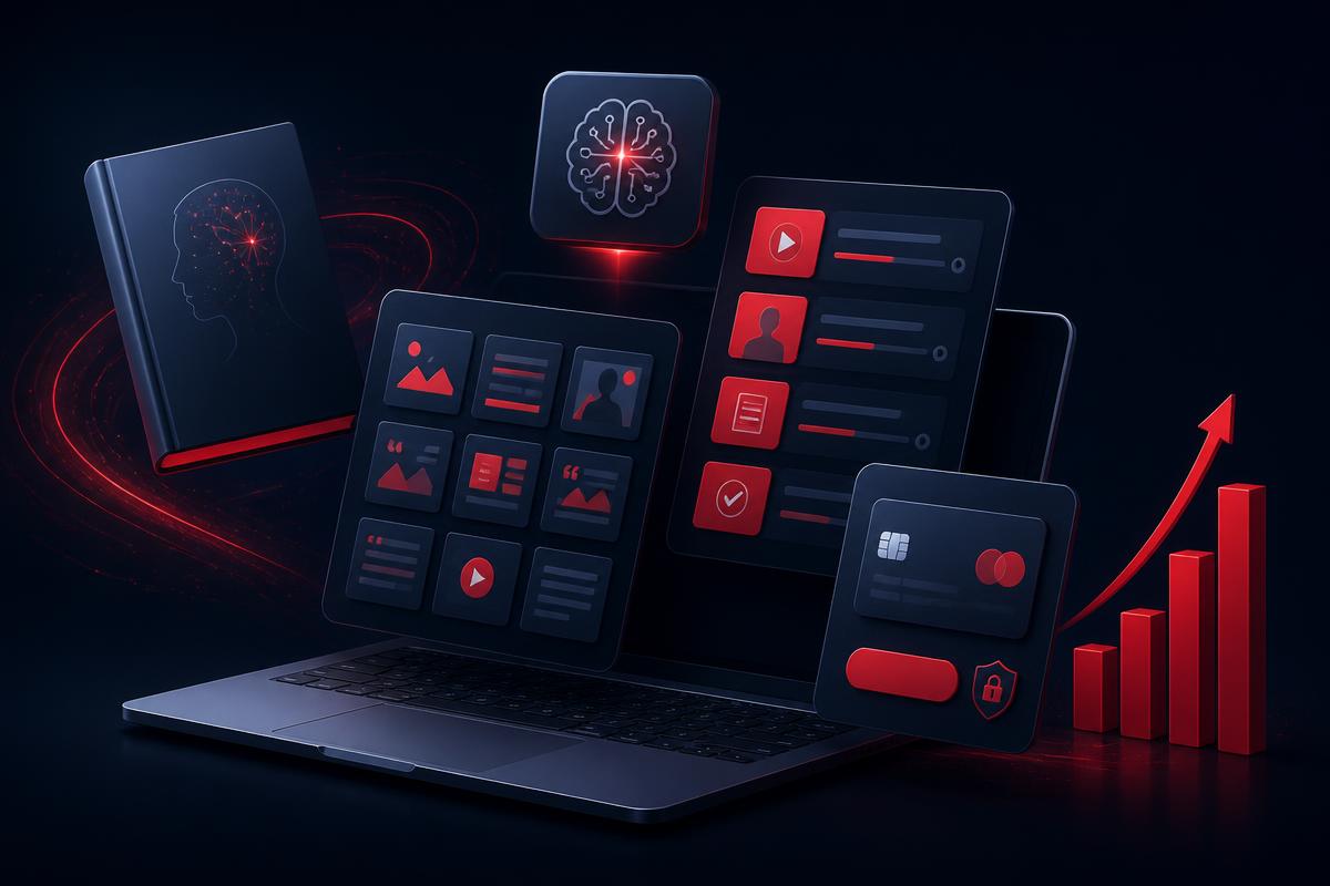 AI-assisted digital products including templates, an ebook and course modules with sales growth