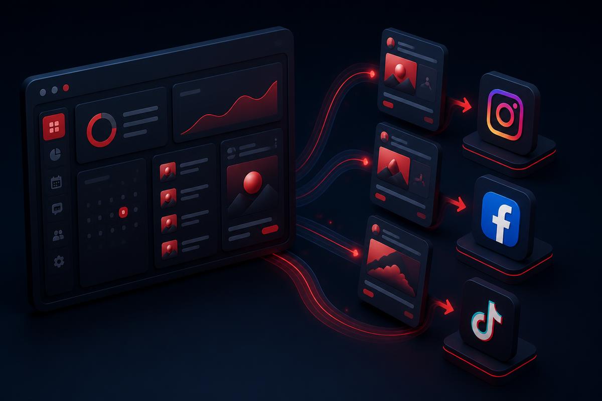 AI content dashboard distributing scheduled posts to Instagram, Facebook and TikTok