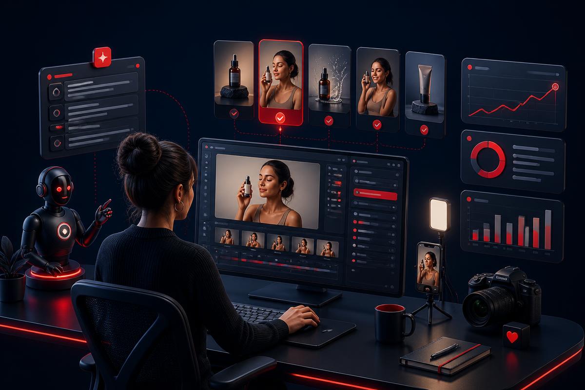 Creator workstation producing multiple AI-assisted ad variants with performance metrics