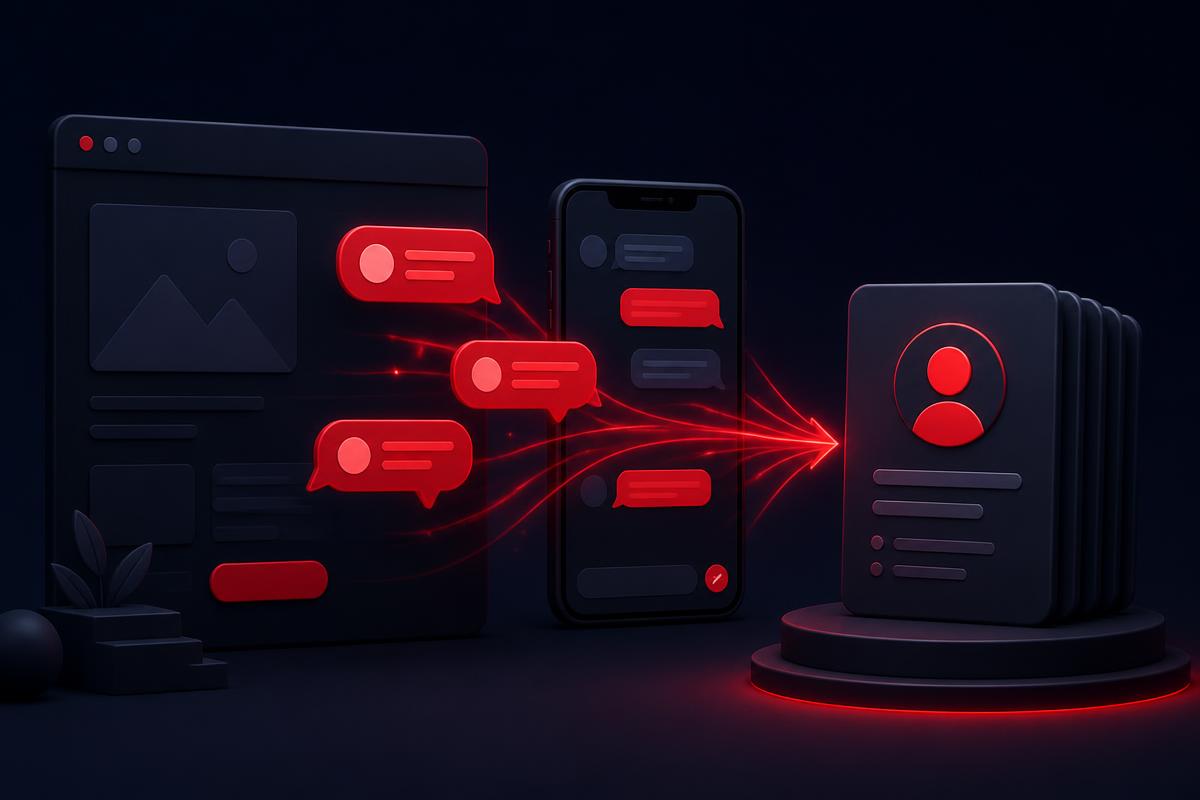 Illustration of website and messaging chatbot conversations turning into leads