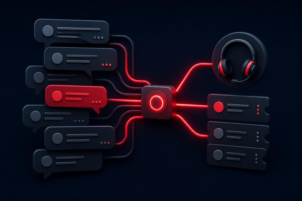 Illustration of customer messages routed through an automated service hub