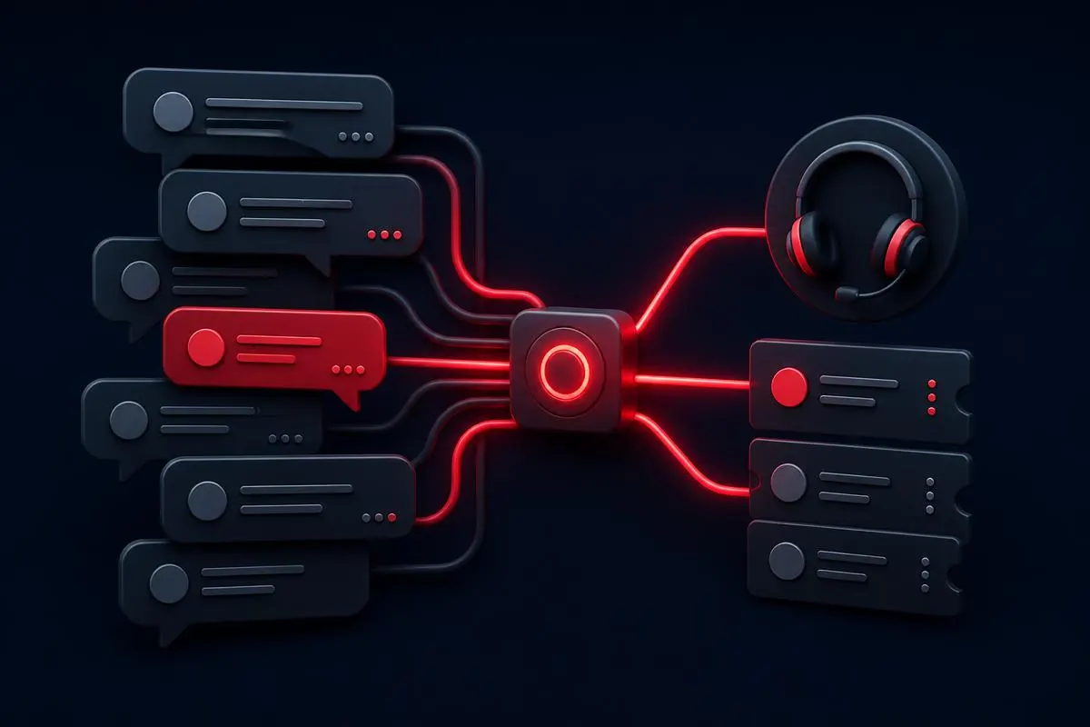 Illustration of customer messages routed through an automated service hub