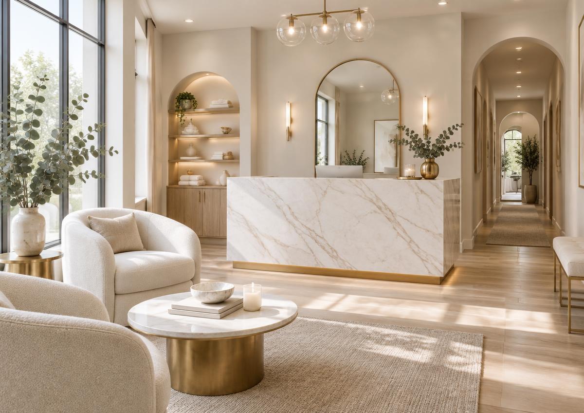 Interior of a modern med spa reception with marble desk and warm natural light