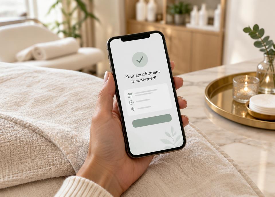 Phone showing a simple appointment confirmation screen in a modern treatment room