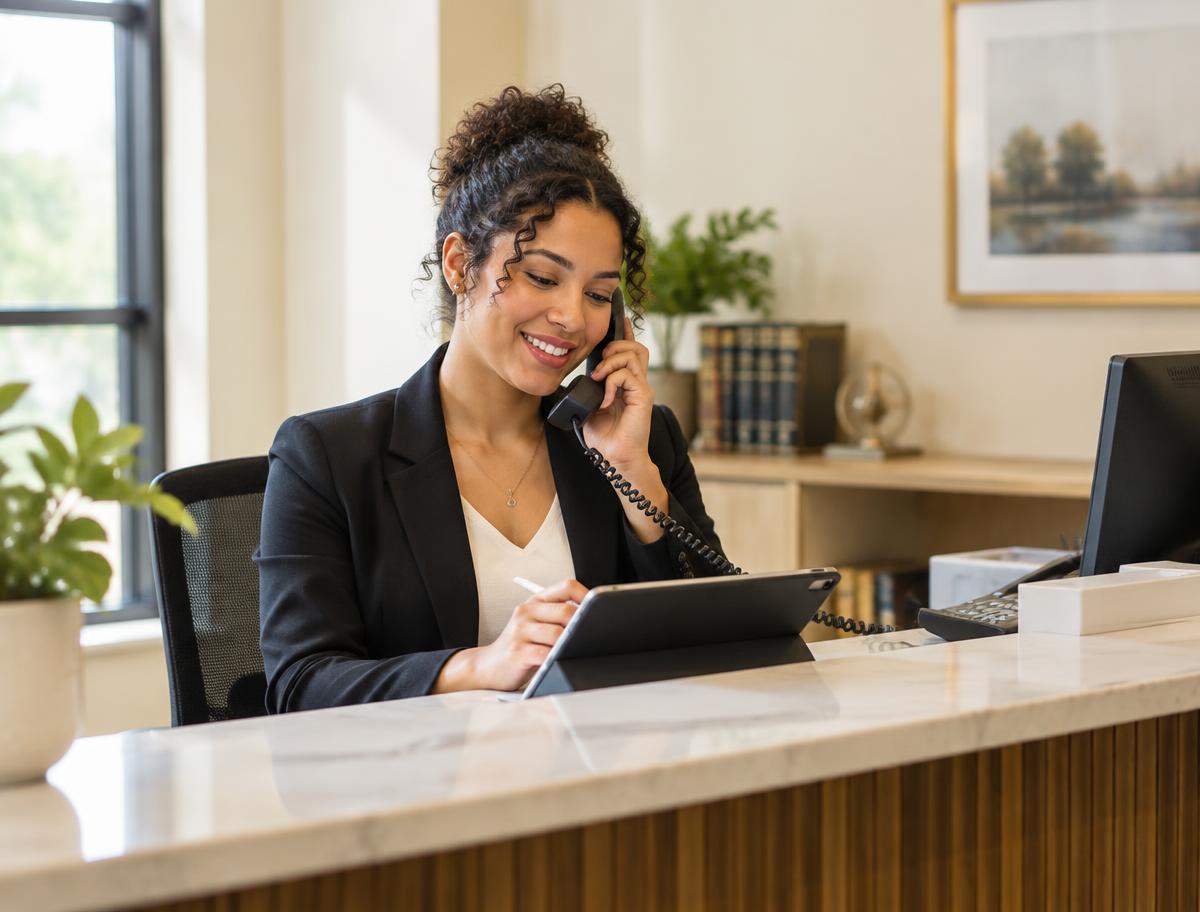 Receptionist at a law office front desk taking a call and recording notes