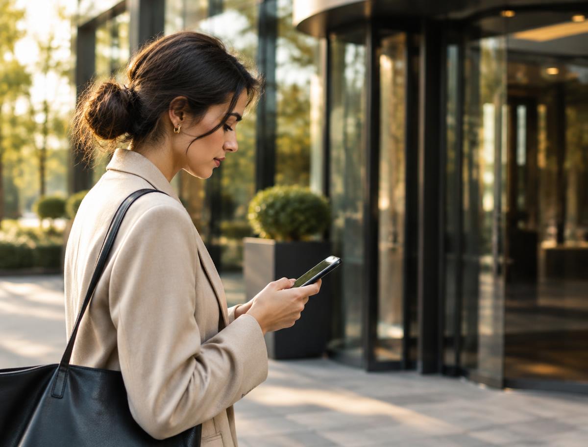Person checking a phone outside a modern professional office building