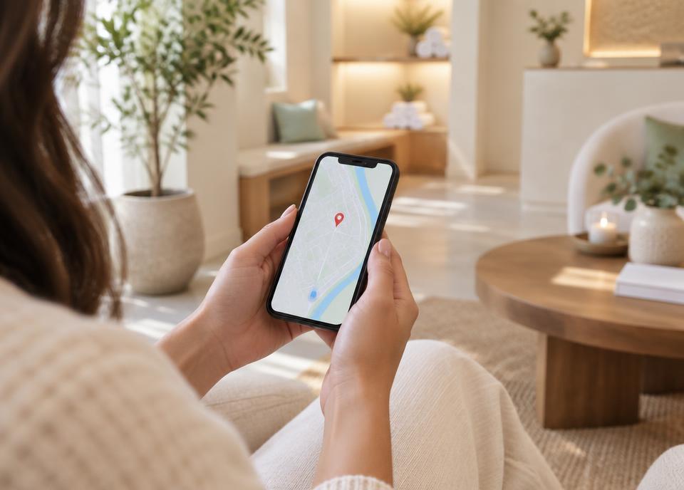 Person holding a phone showing a map with a location pin in a warm spa waiting area