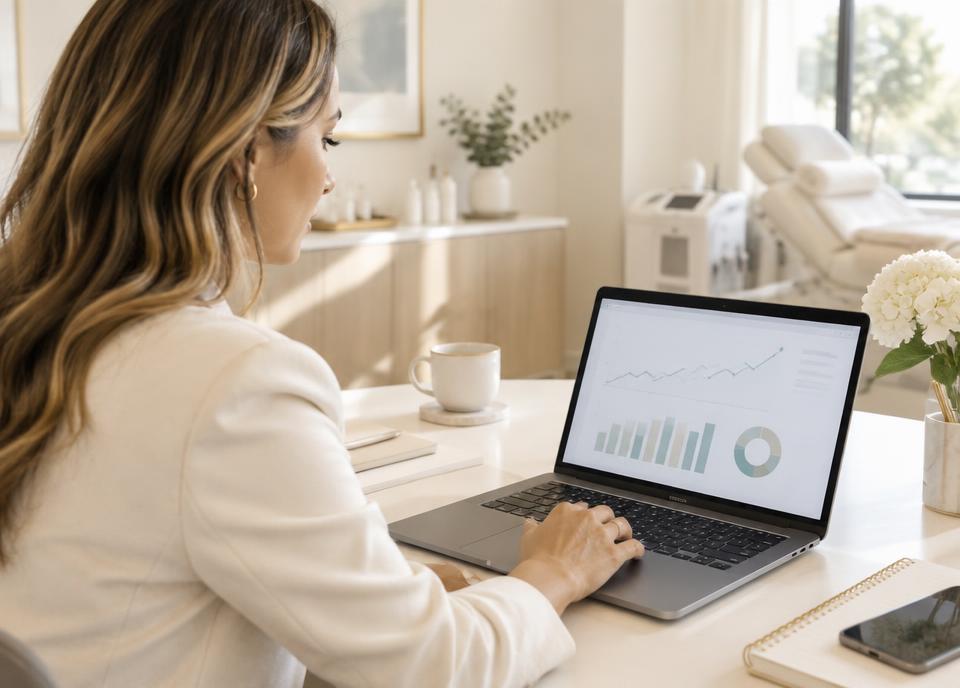 Med spa owner reviewing a simple marketing performance chart on a laptop