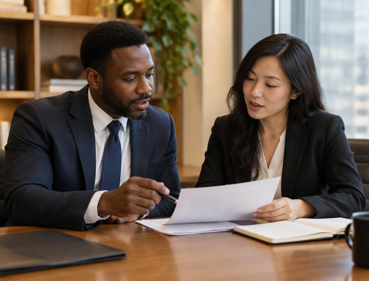 Two legal professionals reviewing documents together at an office table