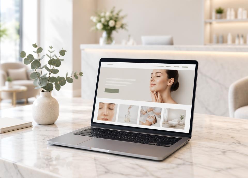 Laptop on a marble reception desk showing a modern med spa website layout