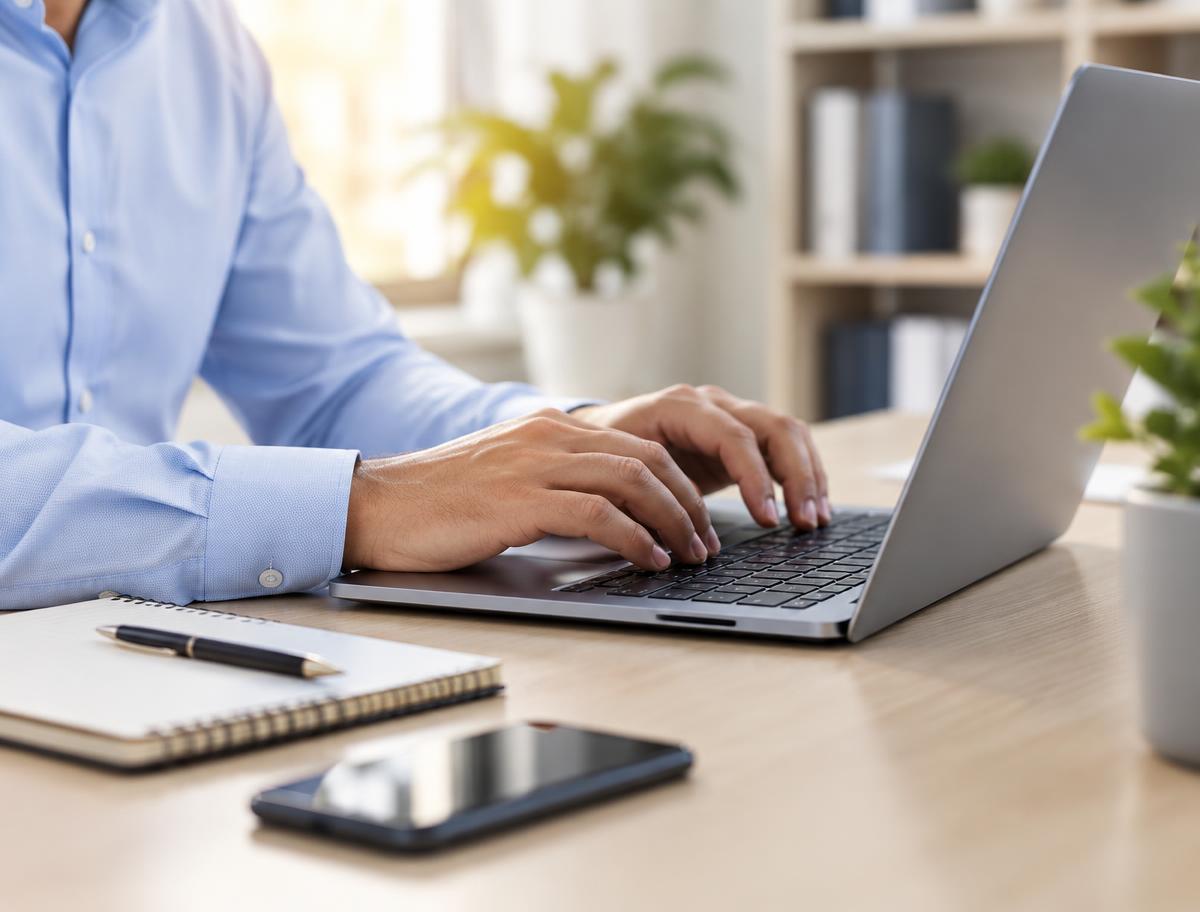 Professional working on a laptop at a modern office desk