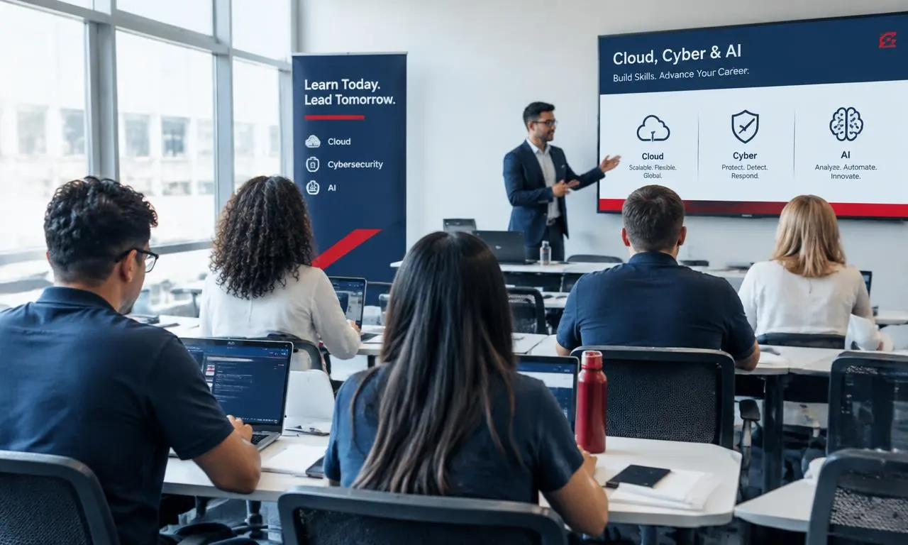 Learners in a classroom training on cloud, cybersecurity and AI