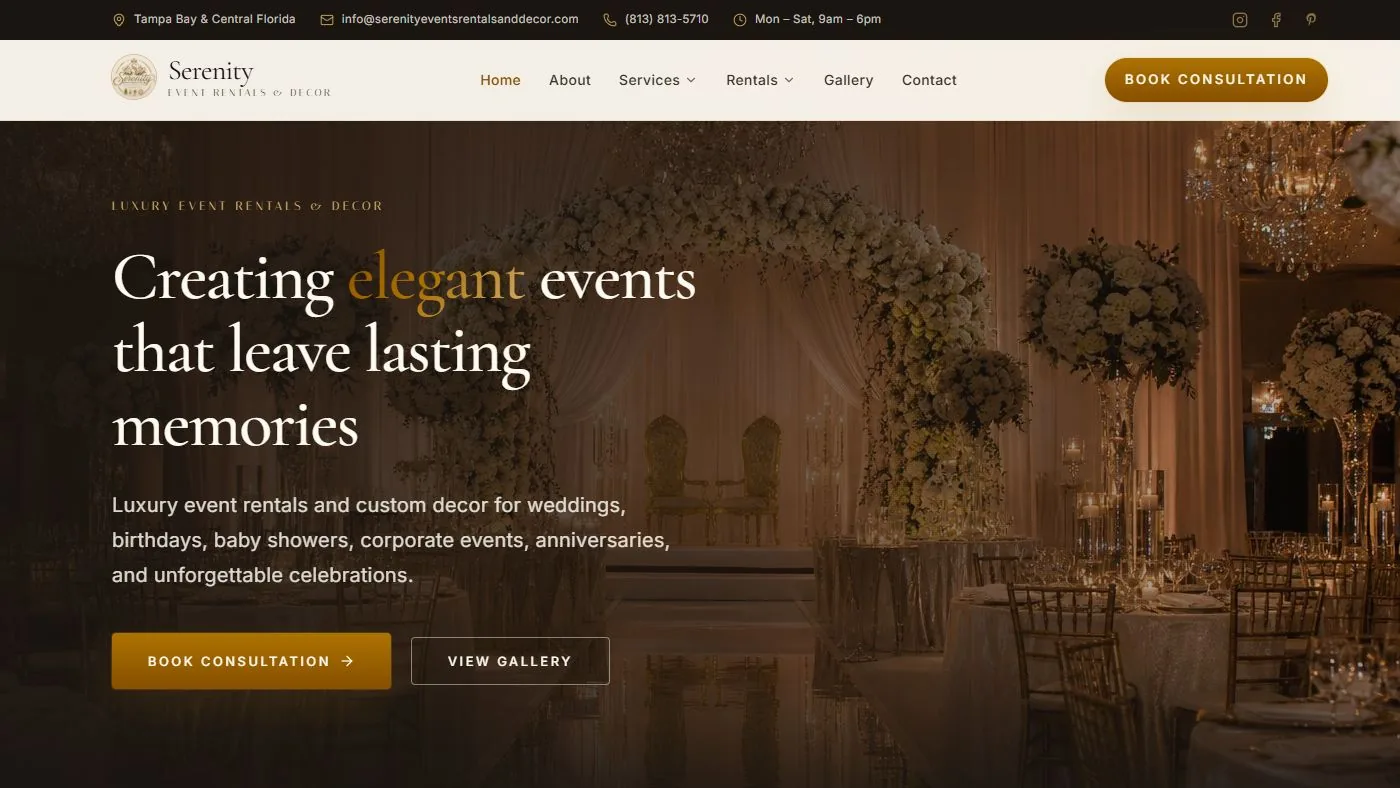 Serenity Event Rentals & Decor website homepage preview
